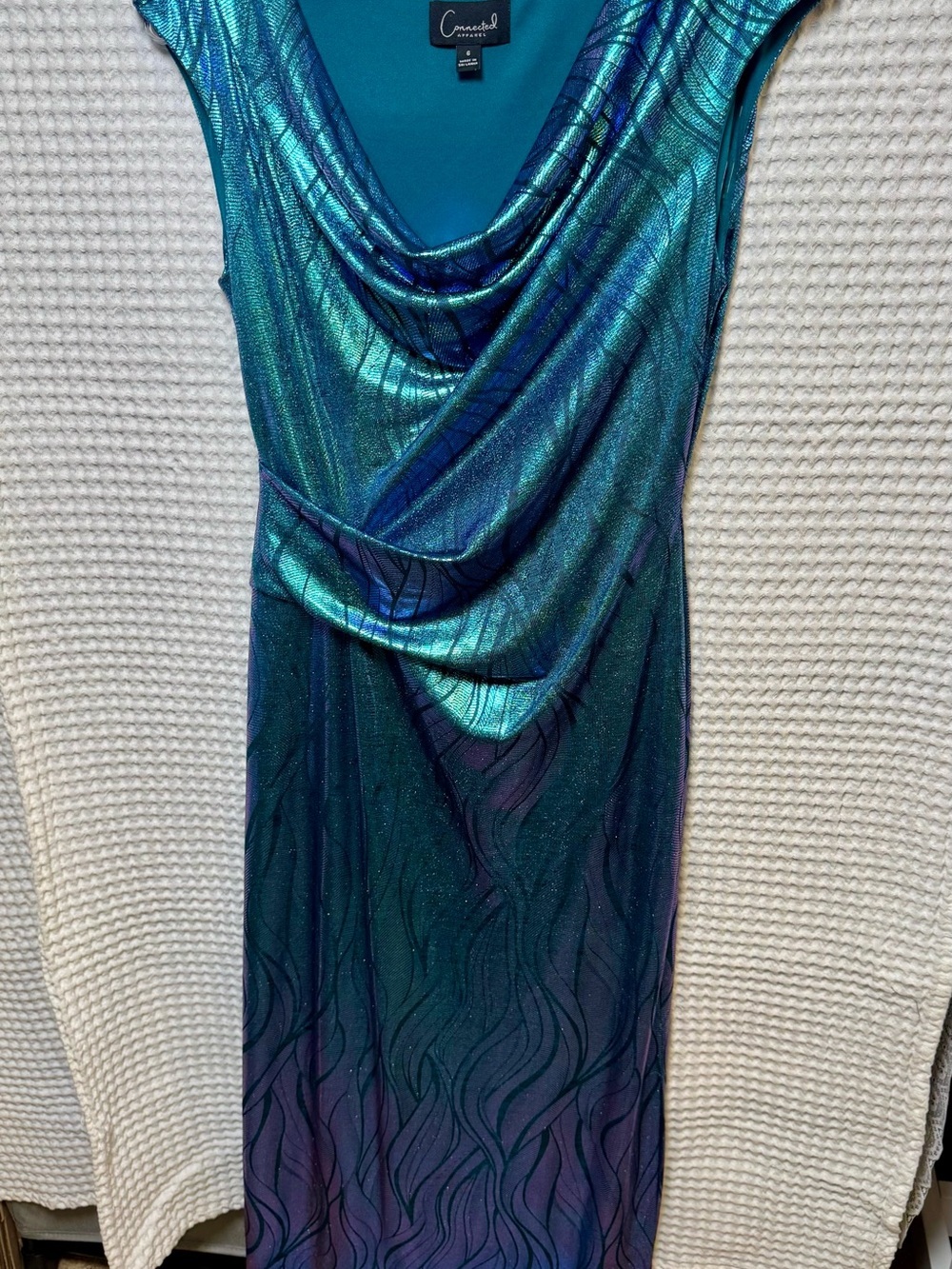 connected apparel Metallic Shimmer Ruched Formal Evening Draped Dress #TLJ22777M